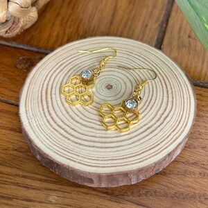 Upcycled Honeycomb Drop Earrings Gold Tone with Rhinestone Dangle Bee Jewelry